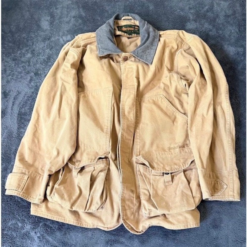 Timberland Weathergear Mens Canvas Barn Coat Tan Leather Collar Jacket Medium